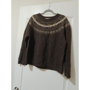 Spin Shetland Wool Fair Isles Brown Green Sweater Size L Winter Classic Preppy
